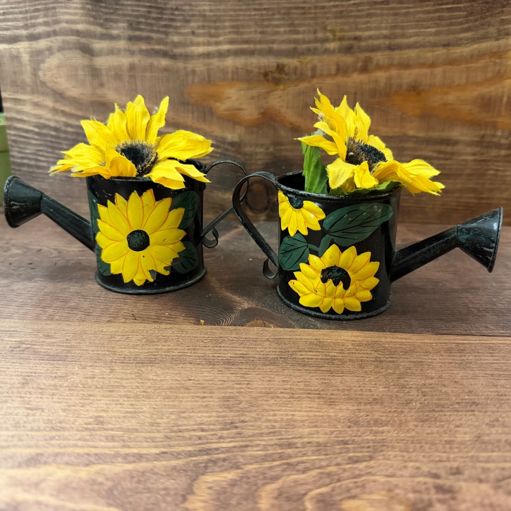 Set of 2 1999 Elegant Expressions Mini Metal Watering Cans w‎ Sunflowers flowers